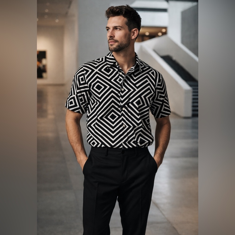 Perry Ellis Slim Fit Geometric Button Up Shirt Black White Large Cotton
